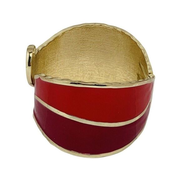 Vintage Pink Red Enamel Gold Tone Swirl Retro Clamper Bangle Bracelet Sz 6.5 - Picture 4 of 6